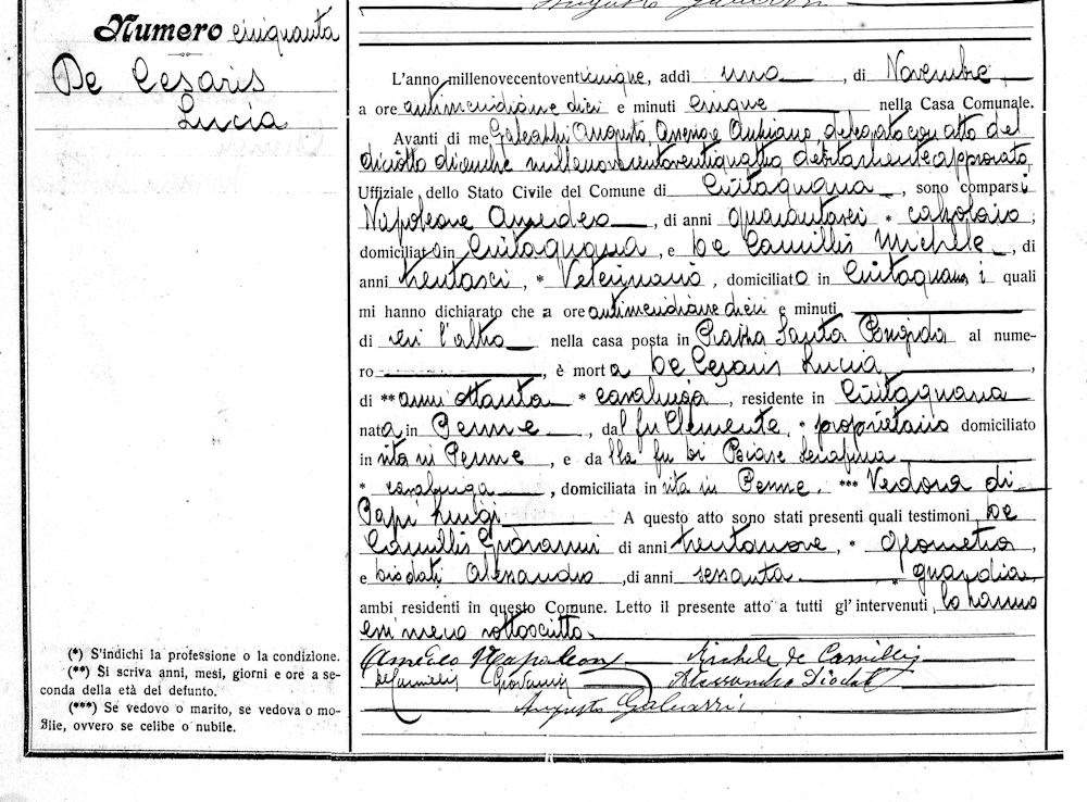 Atto di Morte di Lucia de Cesaris